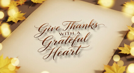 Close-up of aged paper with calligraphic text and yellow autumn leaf. Symbolizes gratitude, thankfulness and fall season, suitable for greeting concepts.