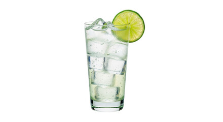 Isolated glass of gin and tonic with lime garnish for cocktail or refreshing drink
