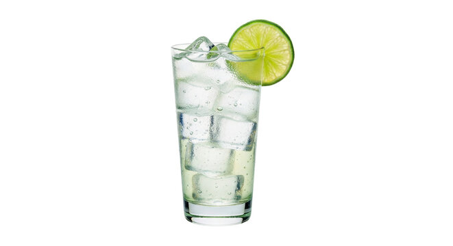 Isolated glass of gin and tonic with lime garnish for cocktail or refreshing drink