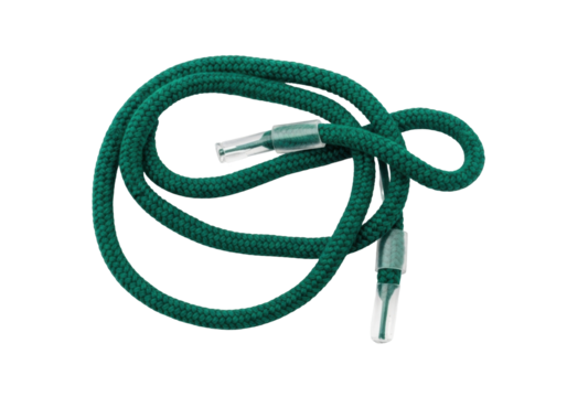 Isolated braided dark-green lanyard, cord, rope with plastic end pieces for badge or ID card