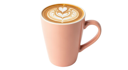 Isolated coffee drink in a pink mug with latte art, heart-shaped design on top, beverage
