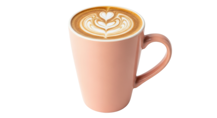 Isolated coffee drink in a pink mug with latte art, heart-shaped design on top, beverage
