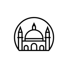 Outline drawing of a mosque inside a circle on transparent background silhouette
