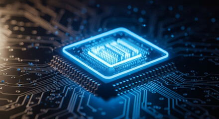 Illuminated microchip processor showcases next-gen tech, perfect for AI, data science, and modern computing projects requiring a visual punch