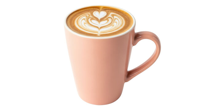 Isolated coffee drink in a pink mug with latte art, heart-shaped design on top, beverage