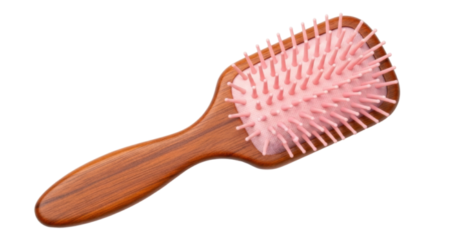Isolated wooden hairbrush with soft pink bristles for styling and detangling hair