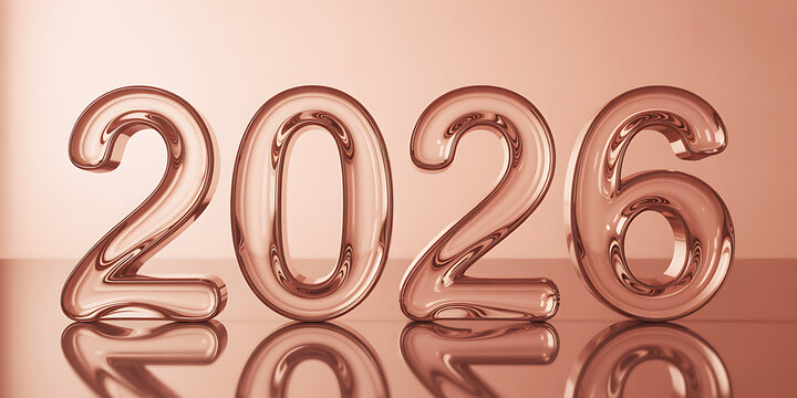 Shiny, rosegold metallic balloons form the numbers 2026 against a soft, gradient background