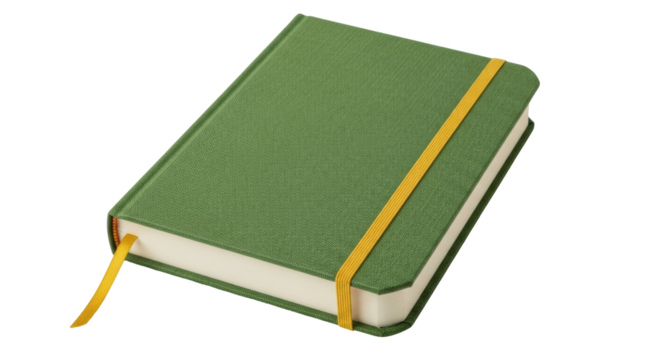 Isolated notebook with a green cover and a yellow bookmark, on a bright studio surface