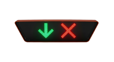 Isolated traffic light with green arrow pointing down and red cross for changeable lanes