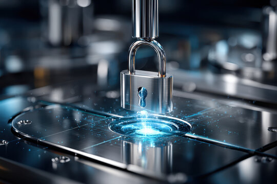 Metallic padlock hovering over glowing blue digital interface