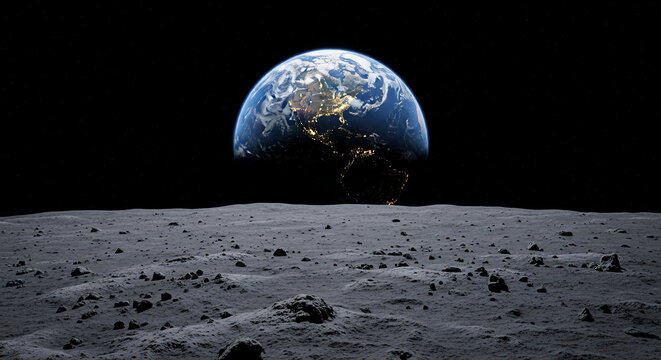 View from lunar surface toward Earth, depicting planet covered with cloud and city light, representing space exploration and celestial perspective