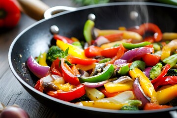 Colorful vegetables stir frying in a hot pan