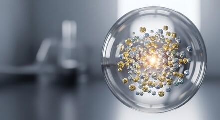 Detailed macro of a transparent nanodiagnostic capsule with suspended micro-particles, glowing under soft directional light, sterile medical realism