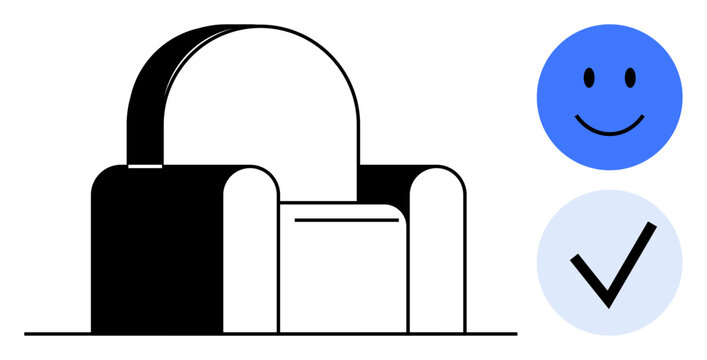 Customer experience. Abstract chair design paired with a happy face and checkmark customer experience. Customer satisfaction, comfort, and positive interactions for various uses. Business, branding