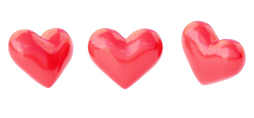 Three red glossy heart icons isolated on transparent background 3D render