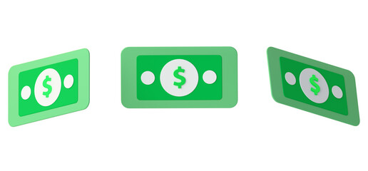 Three green money bill icons isolated on transparent background 3D render