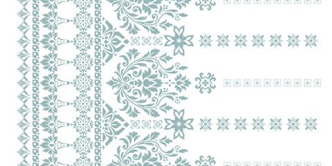 floral pattern vintage ethnic modern embroidery texture boho design vector illustration hand drawn pink flower motif branches leaves wallpaper seamless background border.   © Thitichot