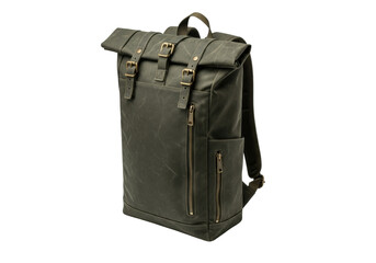 Fototapeta premium Isolated khaki backpack with straps, roll top, and brass zippers, studio shot on plain background