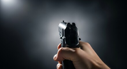 Hand holding pistol, aiming forward with dark background