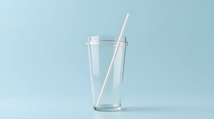 Refreshing clear plastic cup with straw on light blue background perfect for beverage ads or sustainable drinkware campaigns, promoting simple hydration