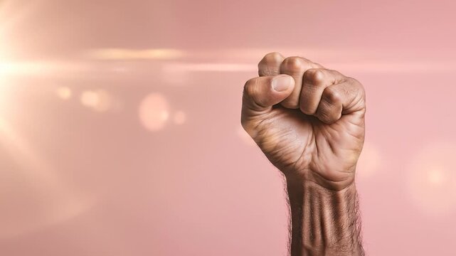 A strong man's fist is raised confidently against a soft pink background, symbolizing strength and determination. The clenched fist captures a moment of passion and resolve.