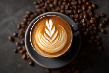 Obraz premium Top View Photo Of Latte Art In White Cup With Coffee Beans Around It