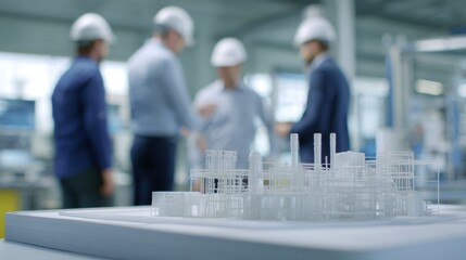 Architectural model engineering team industrial planning collaboration modern factory meeting