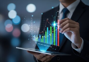 Businessman analyzing financial data a holographic bar chart projected a digital tablet, representing business growth technology