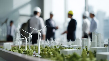 Wind turbine model urban planning renewable energy landscape with engineers discussing project in blurred background, sustainable city concept blending technology and nature