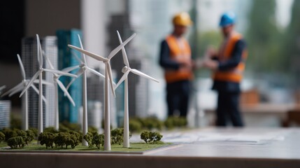 Model wind turbine farm miniature with engineers planning renewable energy project, sustainable urban design and teamwork in green technology development setting