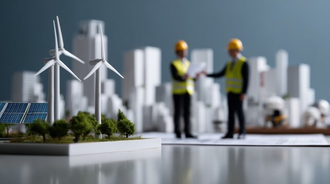 Small wind turbine solar panel miniature model city model engineer planning renewable energy sustainable infrastructure green technology