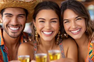 Happy friends toasting drinks smiling at party