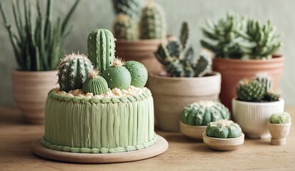 Delightful cactus themed birthday cake with vibrant green frosting and succulent accents for unique celebrations and botanical events or special occasions
