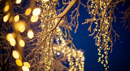 Winter branches with snow and glowing lights at night  