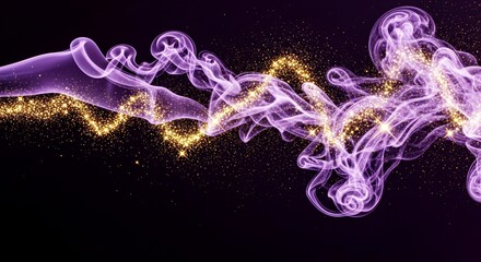Abstract purple smoke with golden glitter on dark background  