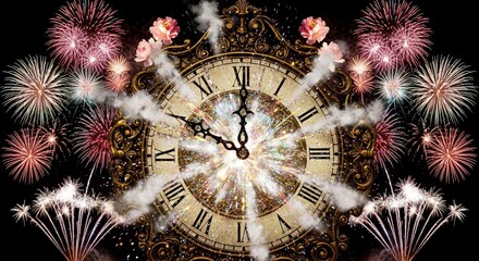 Vintage clock striking midnight with fireworks in the background  
