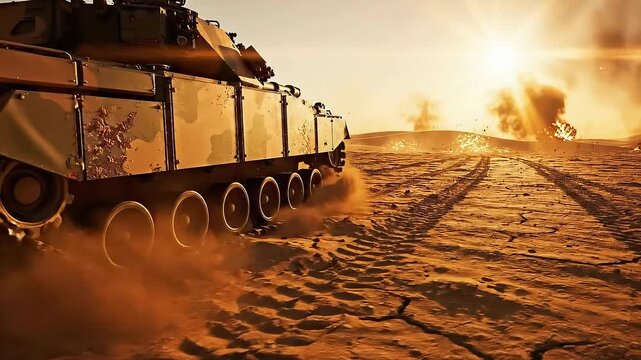 Armored military tank driving through a dusty desert landscape at sunset with an explosion in the distance.