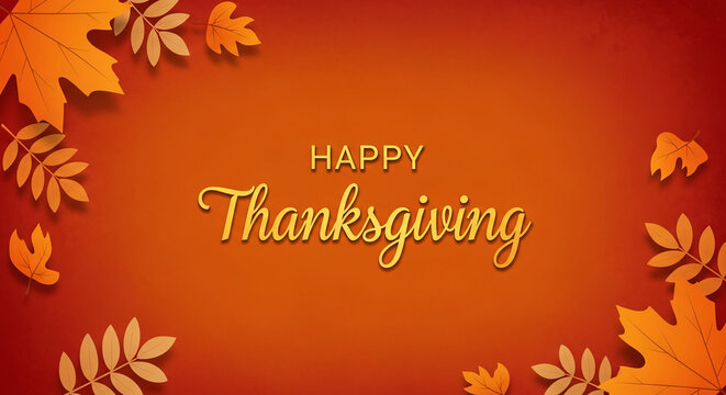Orange backdrop with leaf border and golden 'Happy Thanksgiving' text, representing autumn season, harvest festival, and gratitude celebration