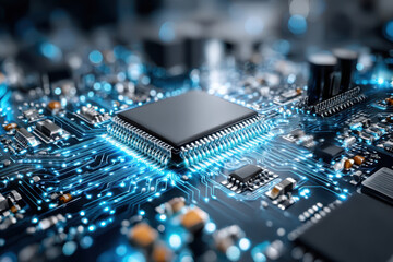 Close Up View of a Microprocessor Circuit Board Glowing Blue