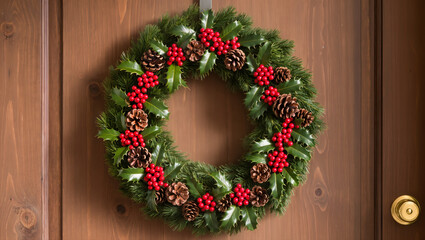 Christmas wreath made of pine branches, holly leaves, red berries and pinecones hanging on a wooden door. Festive holiday decor element.