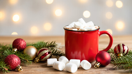 Christmas hot chocolate with marshmallows in red mug, surrounded by fir branches and ornaments on wooden table. Cozy festive holiday drink scene.