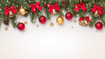 Christmas border with fir branches, red and gold ornaments, pine cones, bells and snowflakes on white background. Festive holiday frame design.