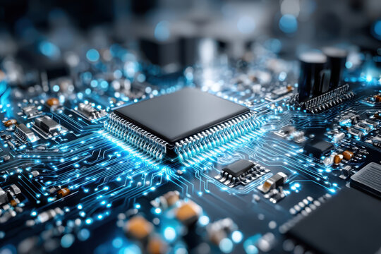 Close Up View of a Microprocessor Circuit Board Glowing Blue