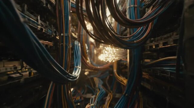 Tangled network cables and wires in a server room or data center