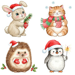 Set of cute Christmas animals: bunny with ornament, cat with mug, hedgehog in mittens, and penguin with sparkler — festive watercolor illustrations on transparent background.