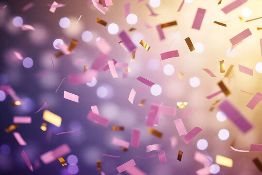 Pink and gold confetti falling with bokeh lights