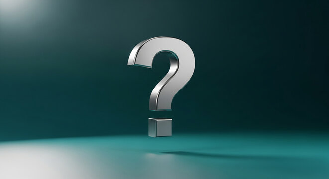Metal question mark against teal gradient, representing uncertainty or inquiry, applicable to problem-solving, support, or learning content