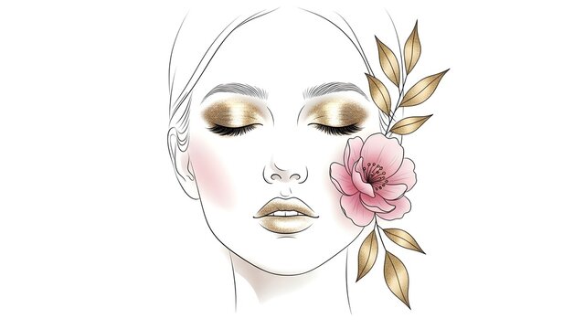 Line-art woman with pink flowers and golden leaves.