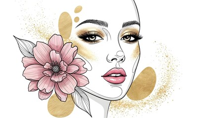Line-art woman with pink flowers and golden leaves.