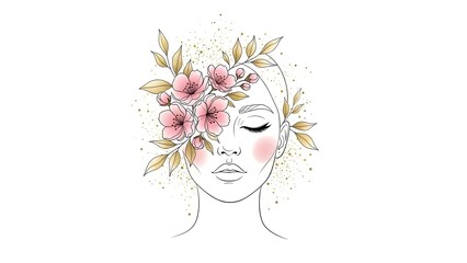 Line-art woman with pink flowers and golden leaves.